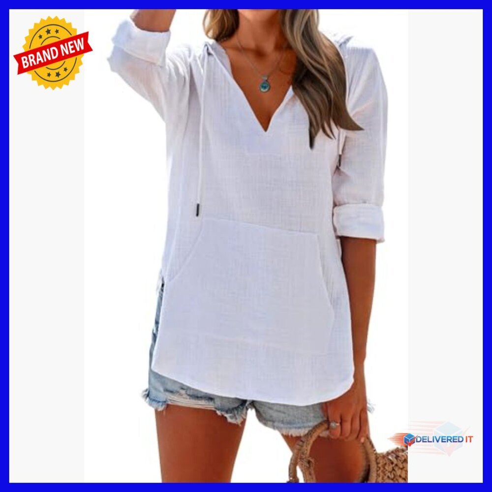 Long Sleeve V-Neck Hooded Cover Up with Pocket, Cotton Beach Top - Picture 3 of 7